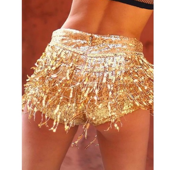 Elsie & Fred Sequined Gold High-Waisted La Bamba Fringe Rave Party Shorts - Picture 4 of 7